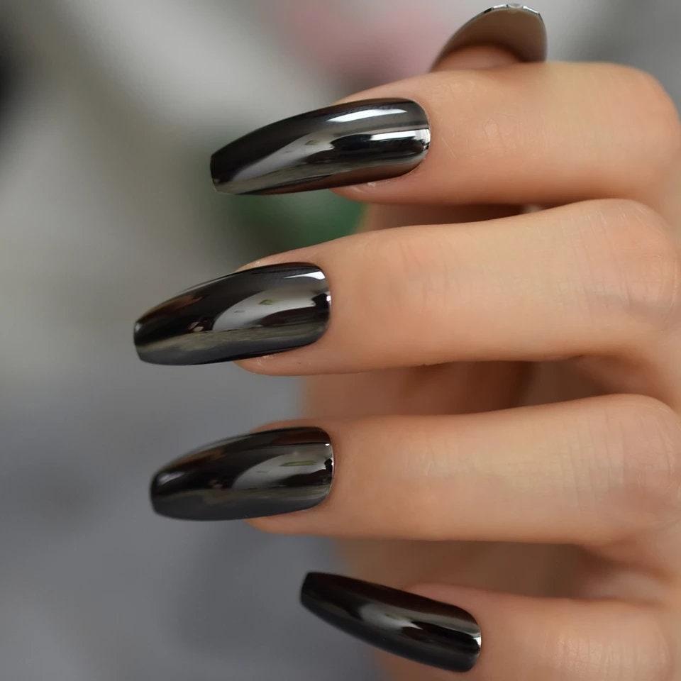 Black Coffin Metallic Mirror Effect Acrylic Nails Stiletto Black Long Dark  Curved Tips For Adults Artificial Ballerina Prud22 From Hisweet, $27.94 |  DHgate.Com
